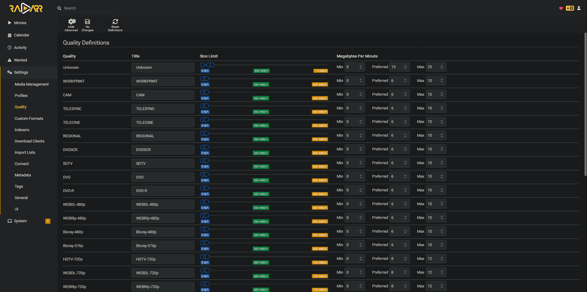 Size limits in quality settings page